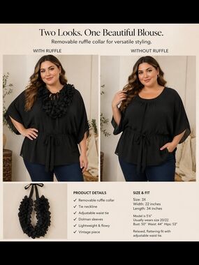 Robertson LA Black Blouse 3X Removable Ruffle Collar Tie Waist Vintage 22x34